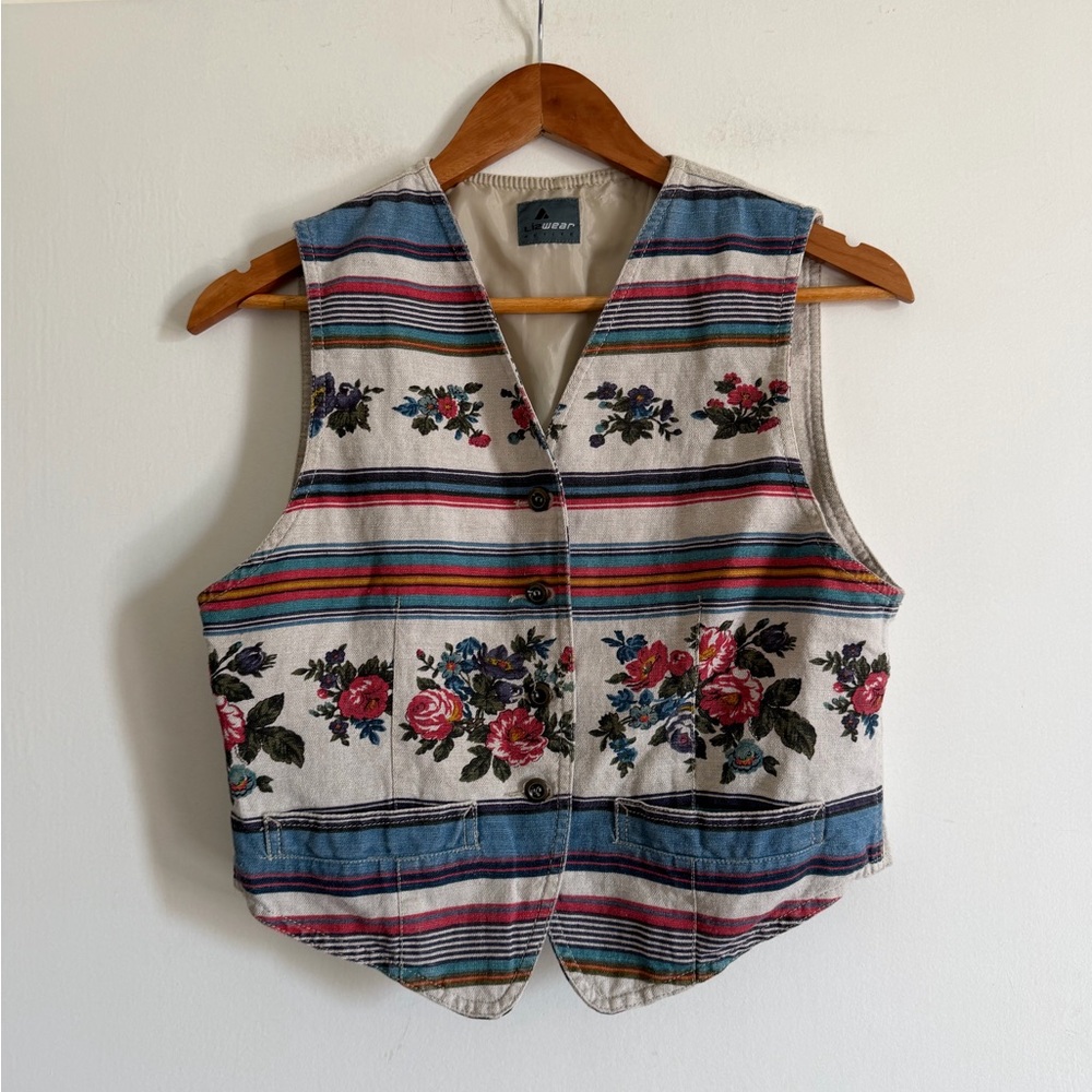 Vintage LizWear Petite Floral Linen Blend Button Down Vest size Small - Picture 2 of 7